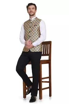 Yellow printed silk blend nehru-jacket