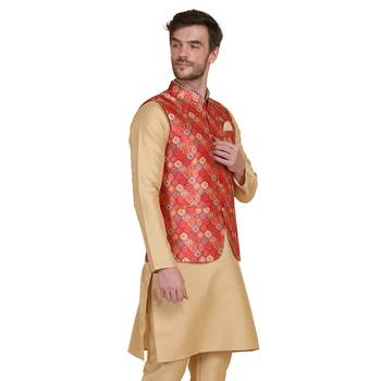 Red printed silk blend nehru-jacket 2