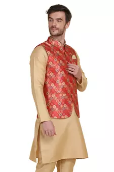 Red printed silk blend nehru-jacket