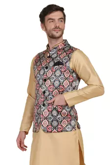 Brown printed satin nehru-jacket