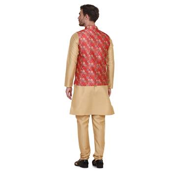 Red printed silk blend nehru-jacket 3