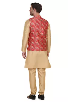 Red printed silk blend nehru-jacket
