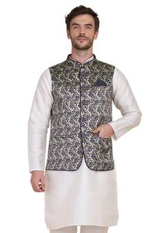 Green printed satin nehru-jacket