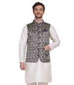 Green printed satin nehru-jacket