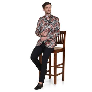 Brown printed satin bandhgala-suit 1