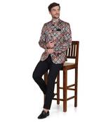 Brown printed satin bandhgala-suit