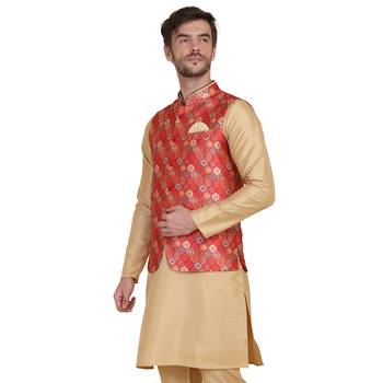 Red printed silk blend nehru-jacket 4