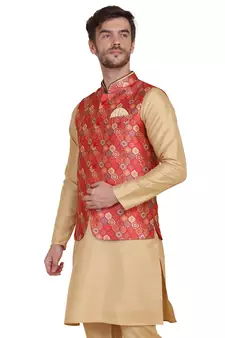 Red printed silk blend nehru-jacket