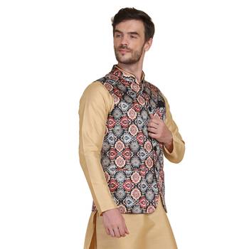 Brown printed satin nehru-jacket 4