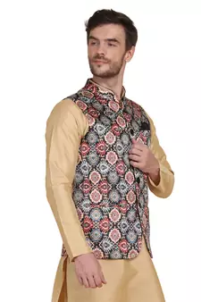 Brown printed satin nehru-jacket