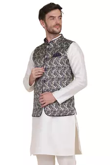 Green printed satin nehru-jacket