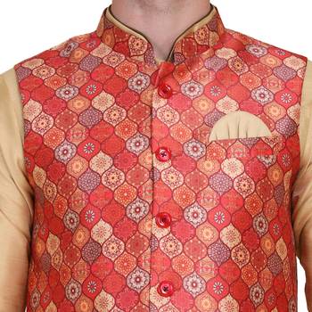 Red printed silk blend nehru-jacket 5