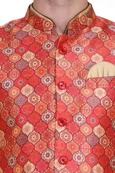 Red printed silk blend nehru-jacket