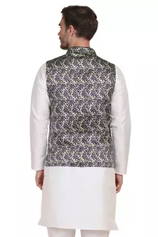 Green printed satin nehru-jacket