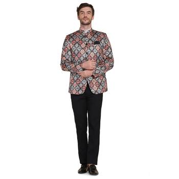 Brown printed satin bandhgala-suit 2