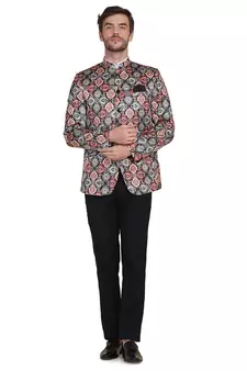 Brown printed satin bandhgala-suit