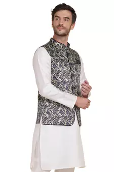 Green printed satin nehru-jacket