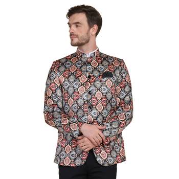 Brown printed satin bandhgala-suit 3