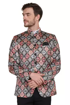 Brown printed satin bandhgala-suit