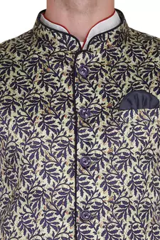 Green printed satin nehru-jacket