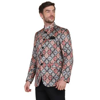 Brown printed satin bandhgala-suit 4