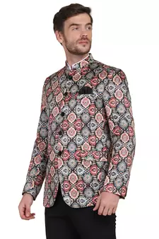 Brown printed satin bandhgala-suit