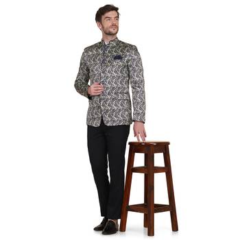 Green printed satin bandhgala-suit 1