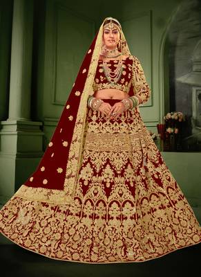 Maroon Velvet Heavy Embroidery Bridal Lehenga 1