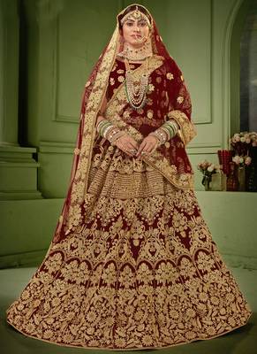 Maroon Velvet Heavy Embroidery Bridal Lehenga 2