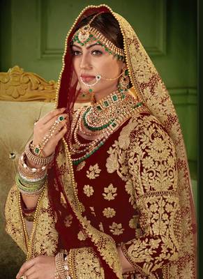 Maroon Velvet Heavy Embroidery Bridal Lehenga 3