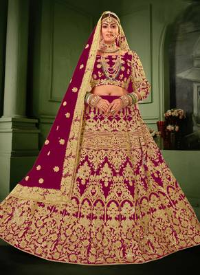 Rani Pink Velvet Heavy Embroidery Bridal Lehenga 1