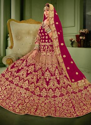 Rani Pink Velvet Heavy Embroidery Bridal Lehenga 3
