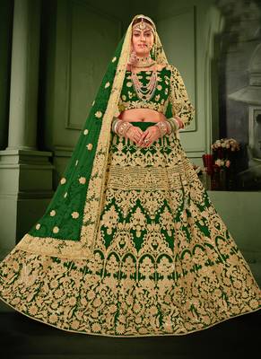 Green Velvet Heavy Embroidery Bridal Lehenga 1