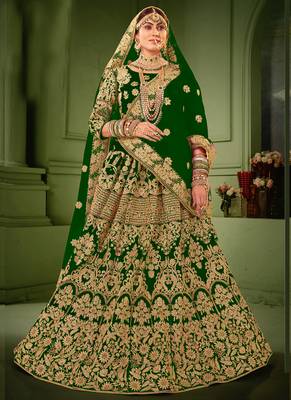 Green Velvet Heavy Embroidery Bridal Lehenga 2