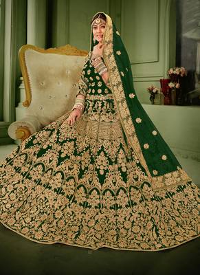Green Velvet Heavy Embroidery Bridal Lehenga 3