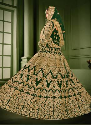 Green Velvet Heavy Embroidery Bridal Lehenga 4