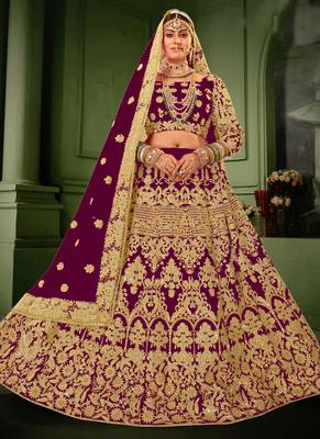 Wine Velvet Heavy Embroidery Bridal Lehenga 1