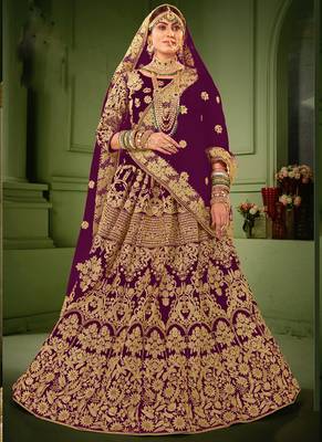 Wine Velvet Heavy Embroidery Bridal Lehenga 2