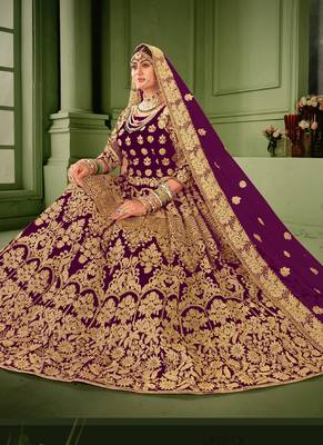 Wine Velvet Heavy Embroidery Bridal Lehenga 3