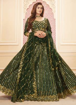 Green Sequins Work Satin Silk Party Wear Lehenga Choli 1