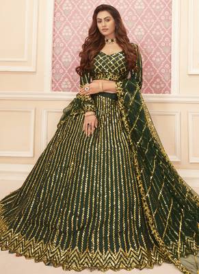 Green Sequins Work Satin Silk Party Wear Lehenga Choli 2