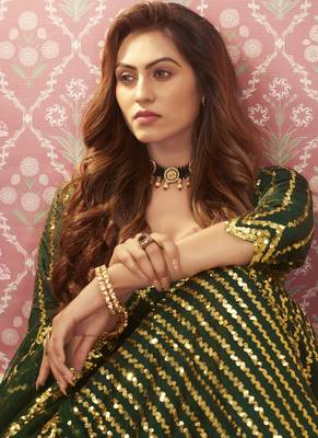 Green Sequins Work Satin Silk Party Wear Lehenga Choli 3