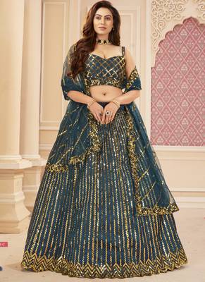 Teal Blue Sequins Work Satin Silk Party Wear Lehenga Choli 1