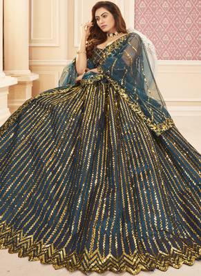 Teal Blue Sequins Work Satin Silk Party Wear Lehenga Choli 2