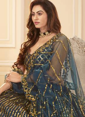 Teal Blue Sequins Work Satin Silk Party Wear Lehenga Choli 3