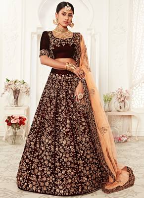 Maroon Velvet Heavy Embroidery Bridal Lehenga 1