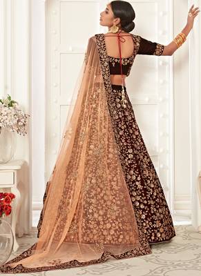 Maroon Velvet Heavy Embroidery Bridal Lehenga 3