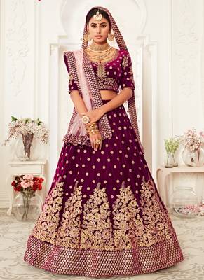 Wine Velvet Heavy Embroidery Bridal Lehenga 1