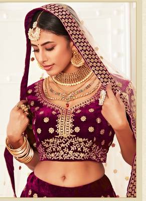 Wine Velvet Heavy Embroidery Bridal Lehenga 4