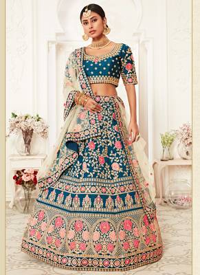 Aqua Blue Art Silk Heavy Embroidery Bridal Lehenga 1